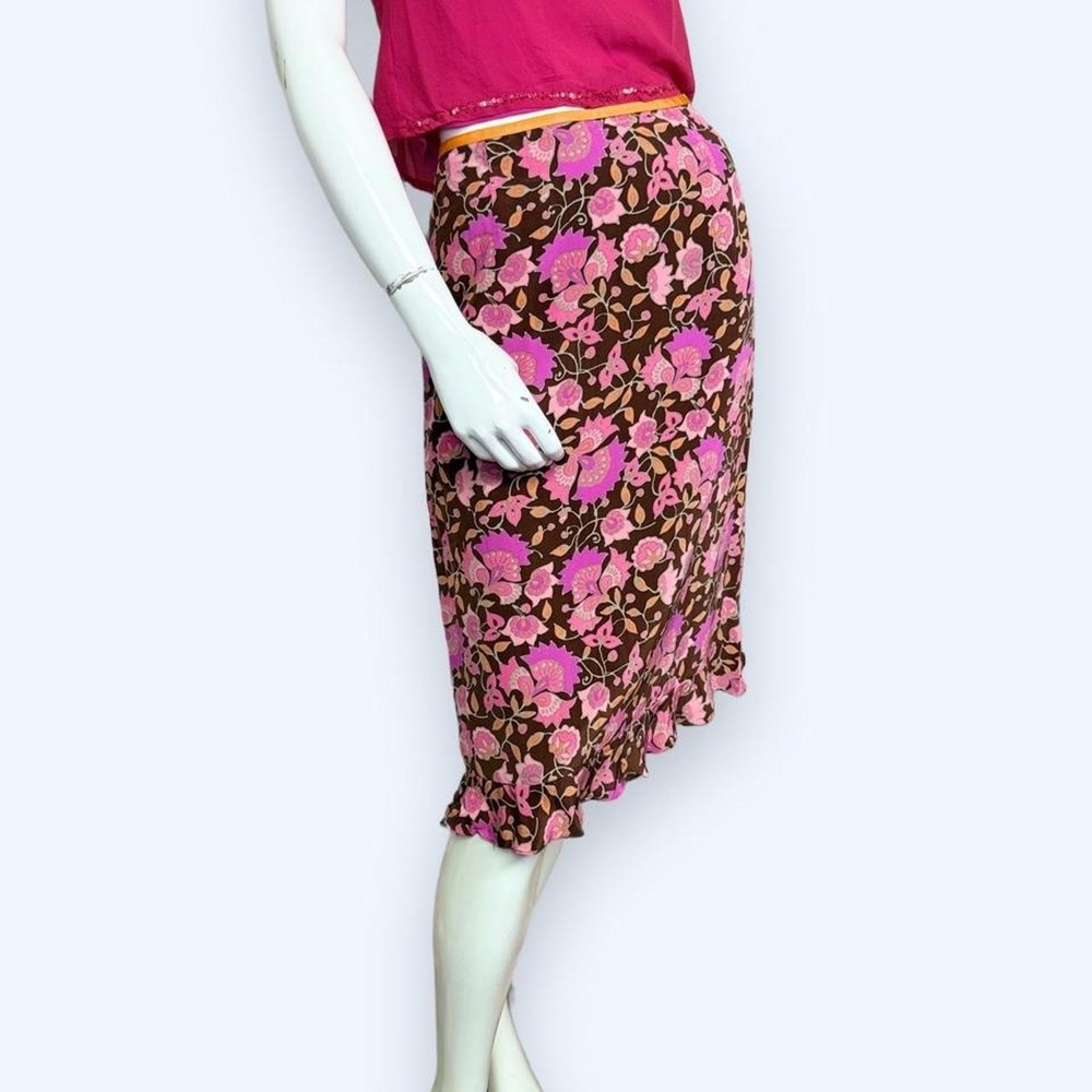 Ann Taylor Vintage Y2K Pink Silk Brown Floral Ruffle Hem Midi Skirt Size 8